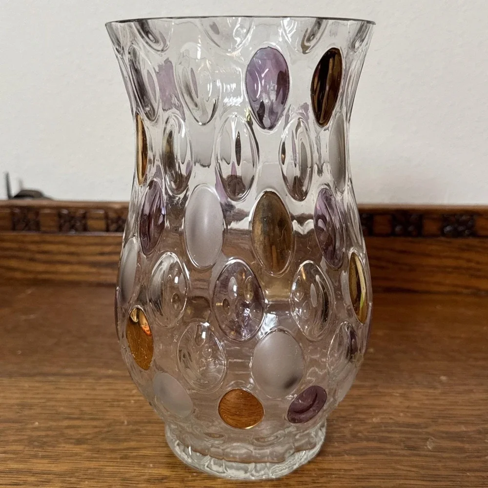 Mid Century Bohemian Art Glass Vase Amber Purple Frosted Coin Dot Thumbprint 8
